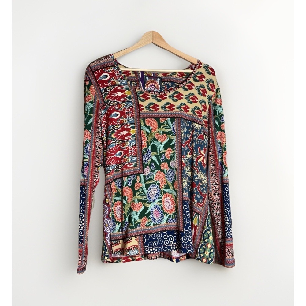 Johnny Was Jules Patchwork Long Sleeve Blouse Size S Round Neck Boho Hippie